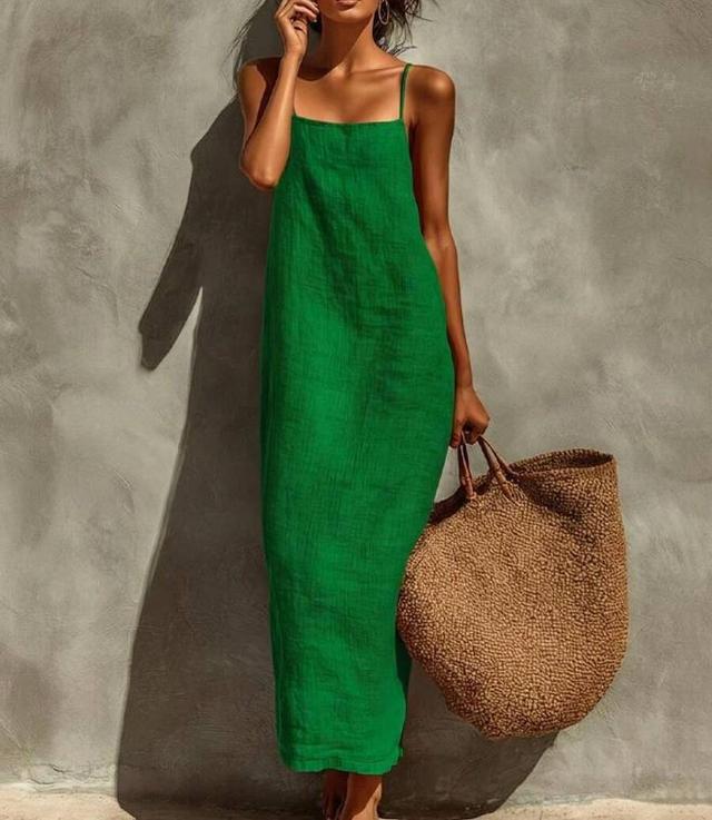green vibrant green linen midi slip dress