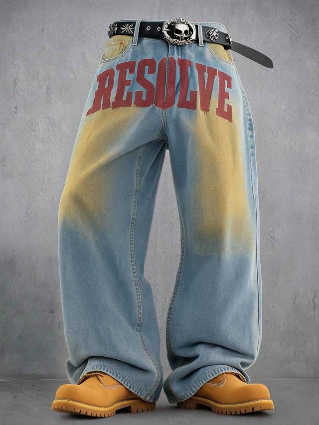 washed distressed letter print wide leg denim jeans