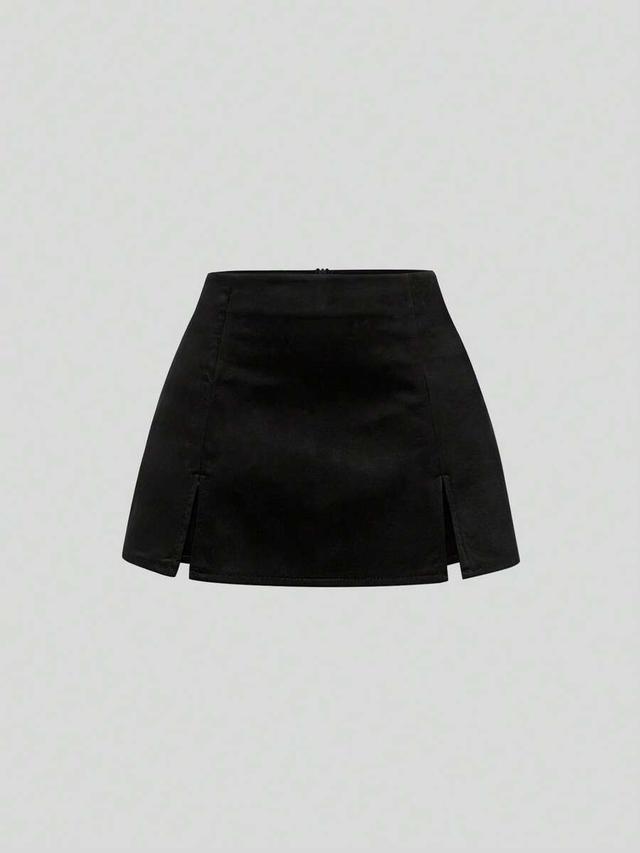 black suede a-line mini skirt with front slits