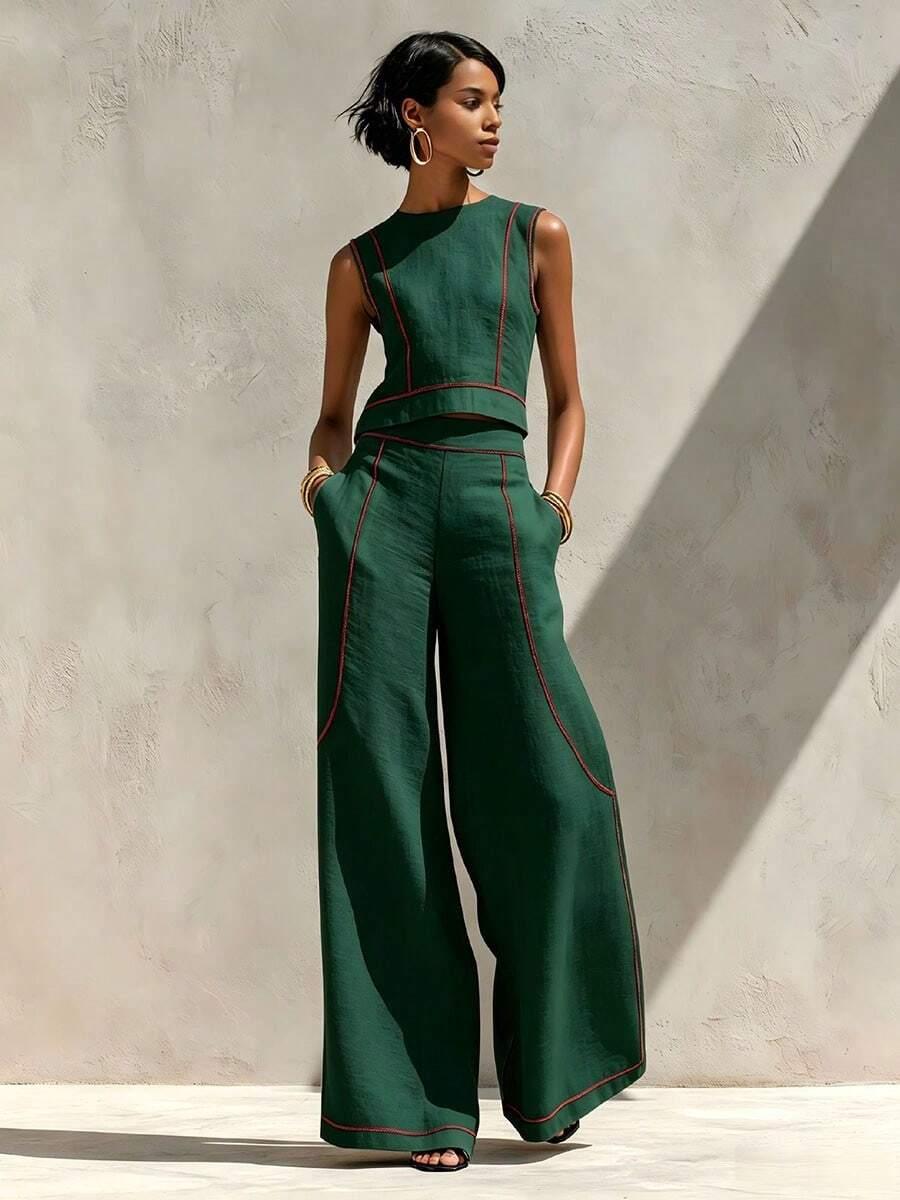 dark green sleeveless vest top and wide leg pants set