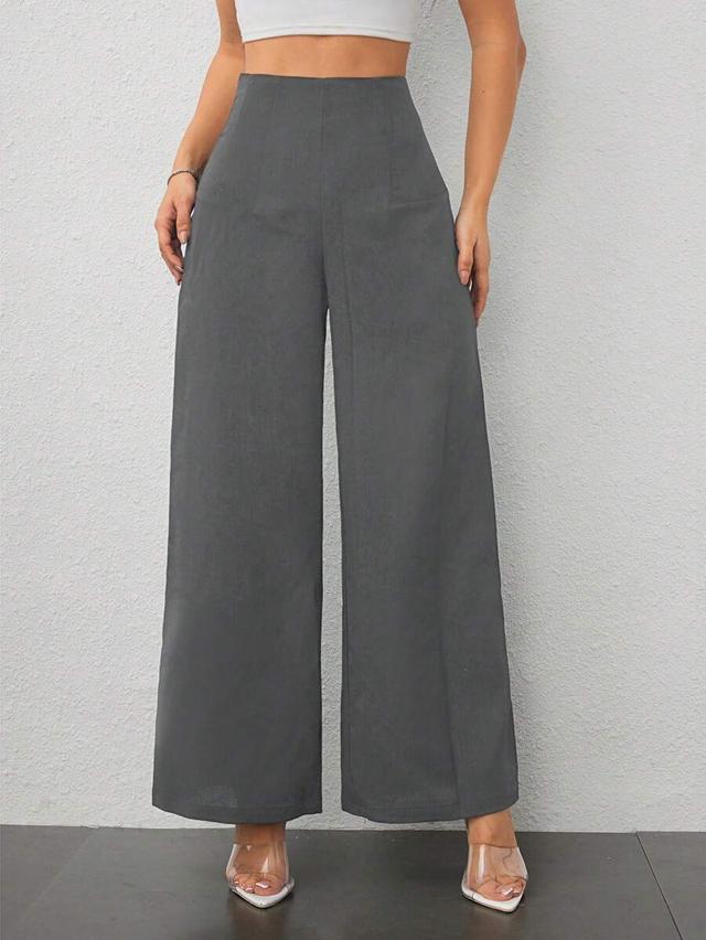 grey high-waist wide-leg textured trousers