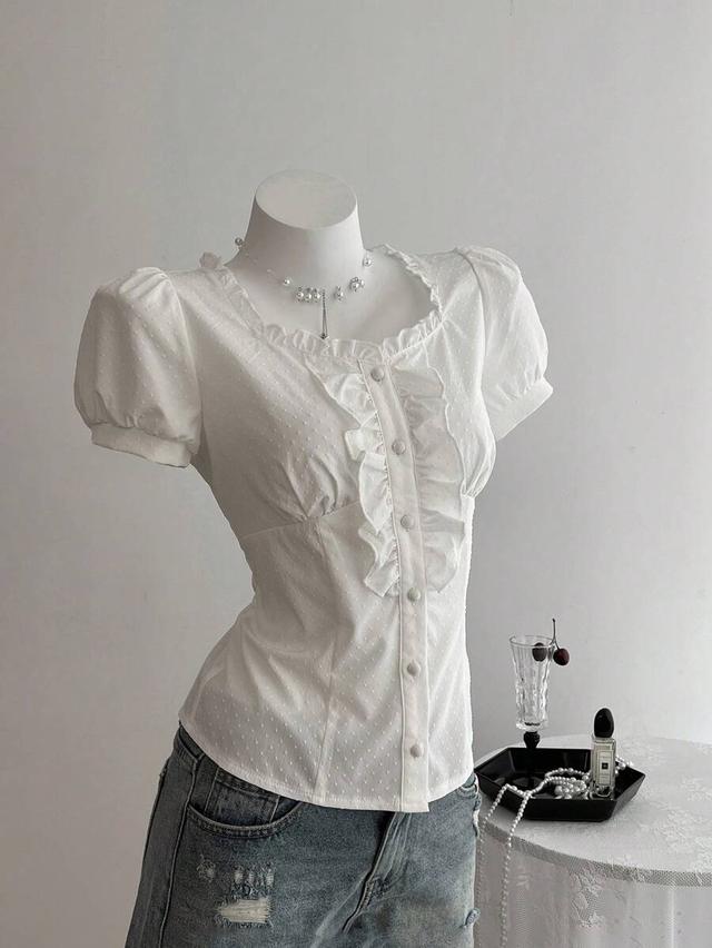 white swiss dot frill trim puff sleeve blouse