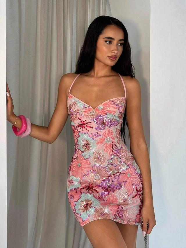 pink floral embroidered sequin backless lace-up mini dress