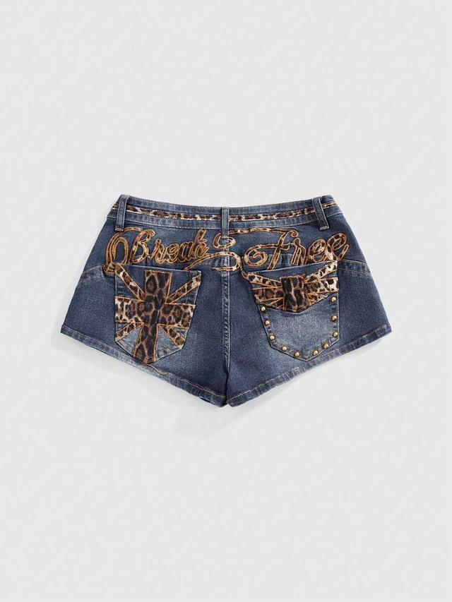 denim shorts with leopard print and embroidery