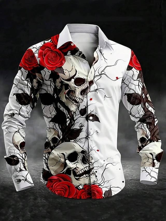 men's gothic skull and rose print button shirt