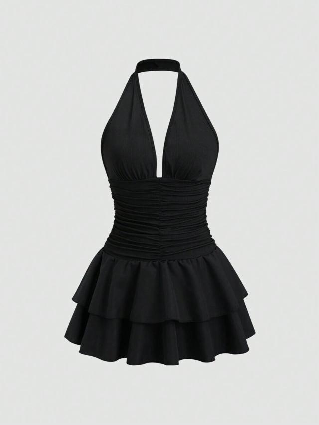 black halter neck ruched tiered mini dress
