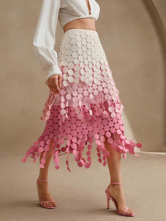 ombre circle applique tassel high waist midi skirt