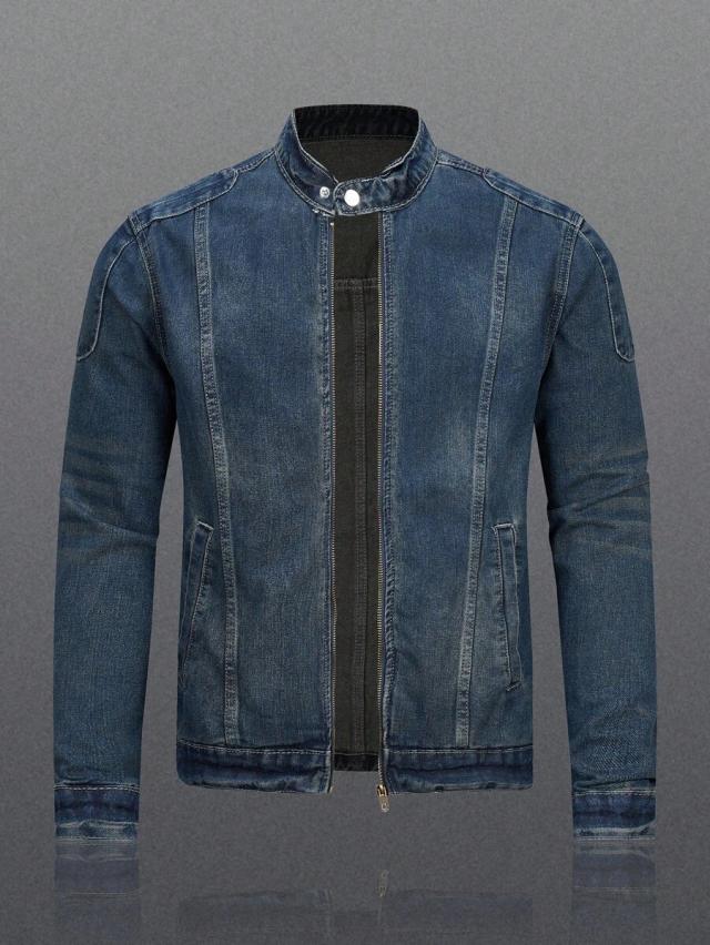 men's biker-style zip-up mock neck denim jacket