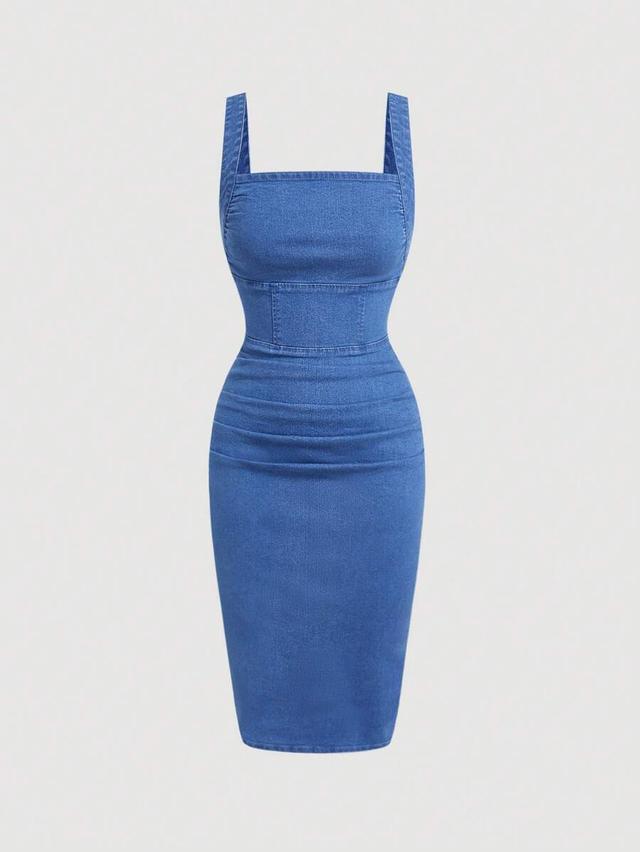 blue denim square neck corset midi dress