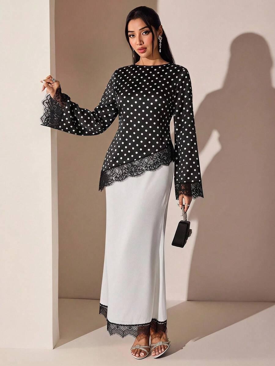 polka dot print lace patchwork asymmetric hem blouse