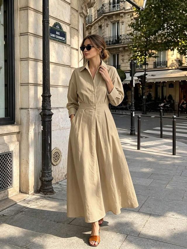 minimalist beige fitted waist shirt dress