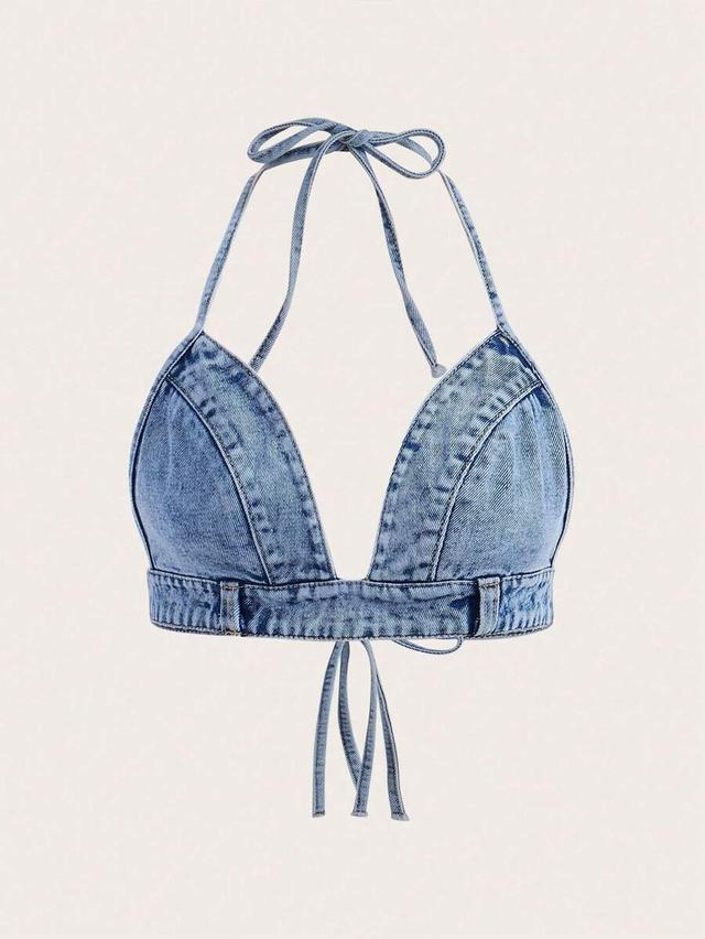 denim tie-back halter crop top