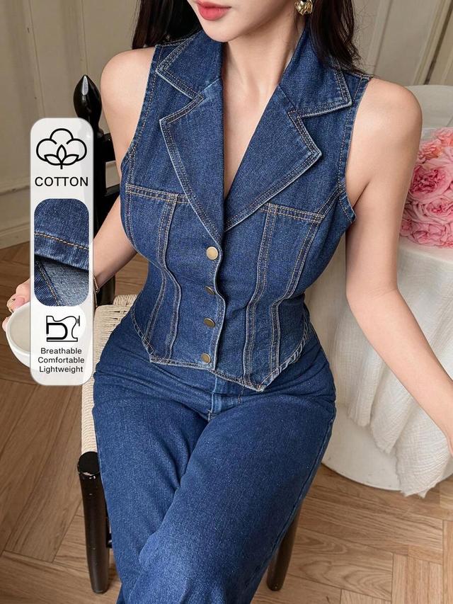 washed denim vest and wide leg pants set