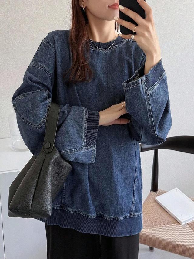 casual washed denim drop shoulder loose top