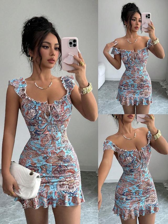 light blue paisley print ruched mini dress