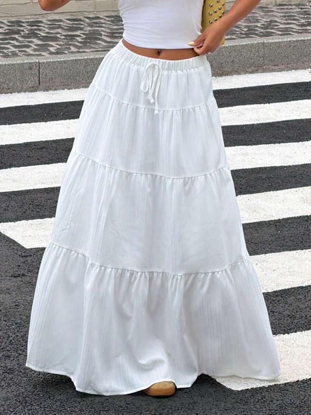 white solid color high waist tie ruffled maxi skirt