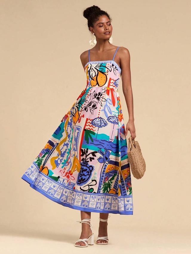 tropical printed spaghetti strap bohemian midi dress