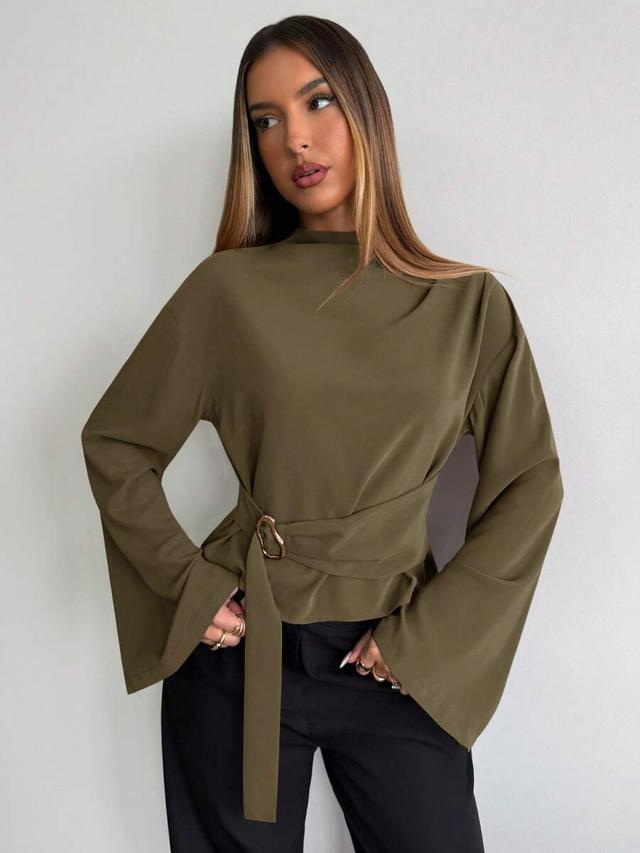 olive green long sleeve wrap blouse with buckle