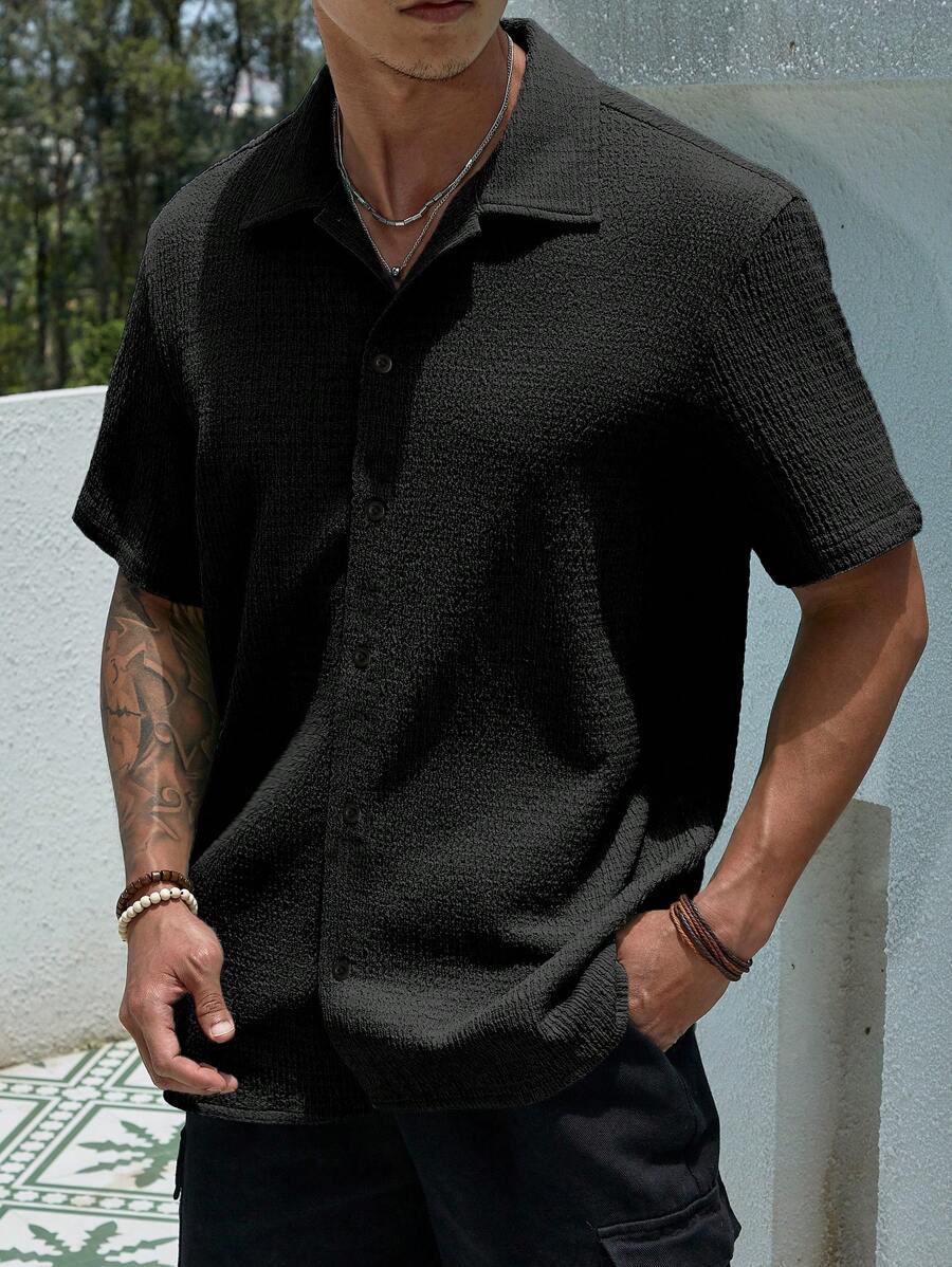 black textured jacquard knit short sleeve button front shirt