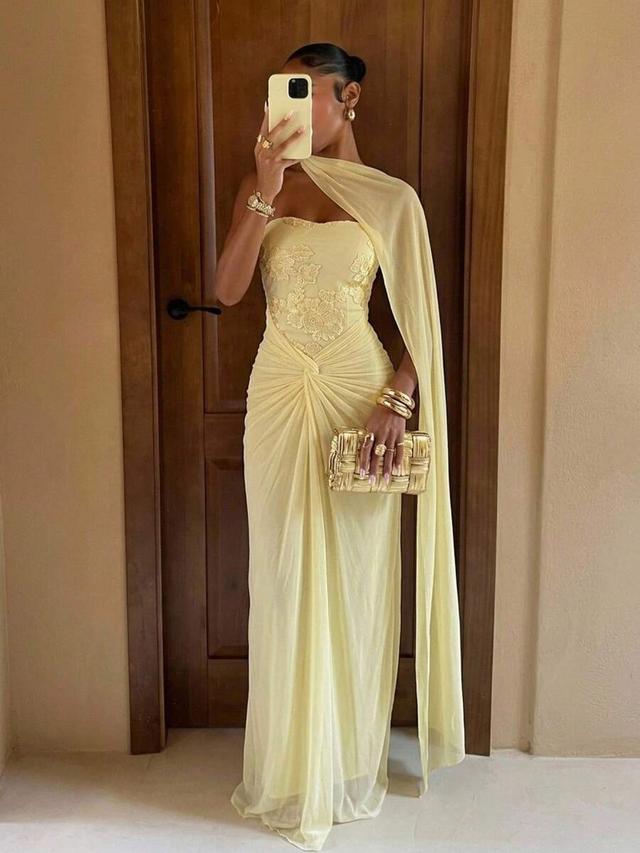 pale yellow elegant mesh evening cocktail dress