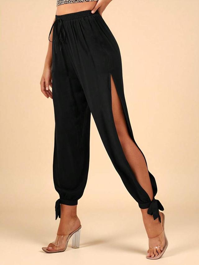 black split thigh knot hem casual trousers