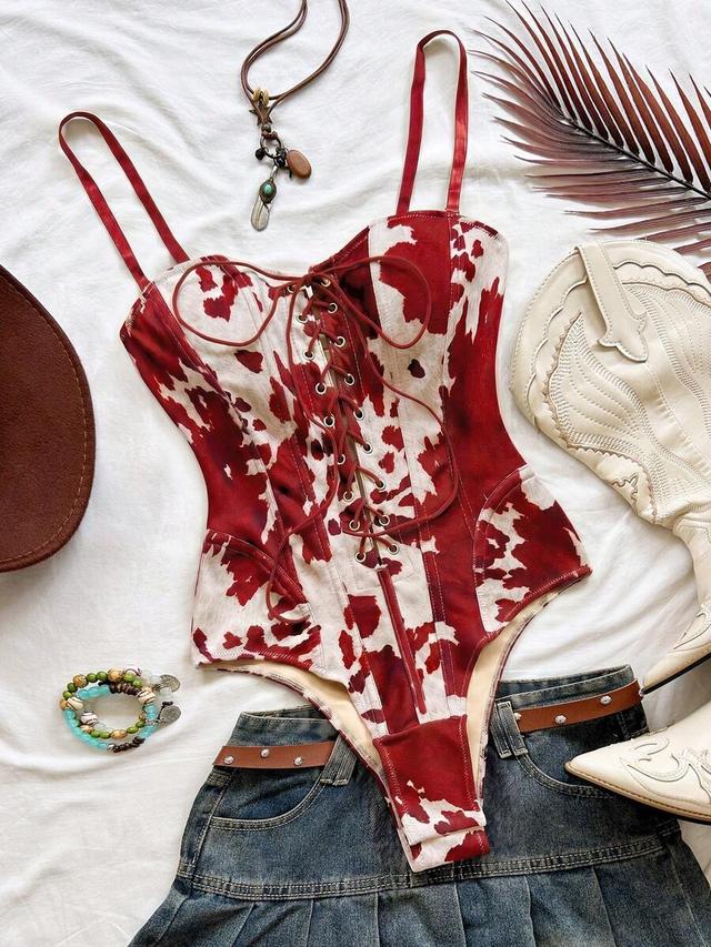 cow print elastic suede lace-up camisole bodysuit