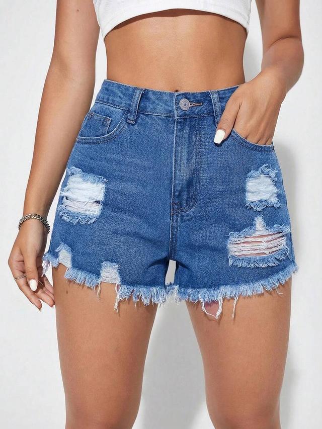 distressed frayed hem denim shorts