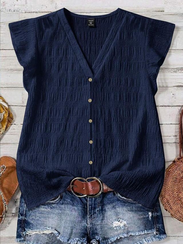 dark blue textured smocked button-down summer shirt