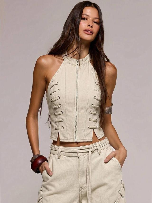 beige denim high neck lace up fitted top