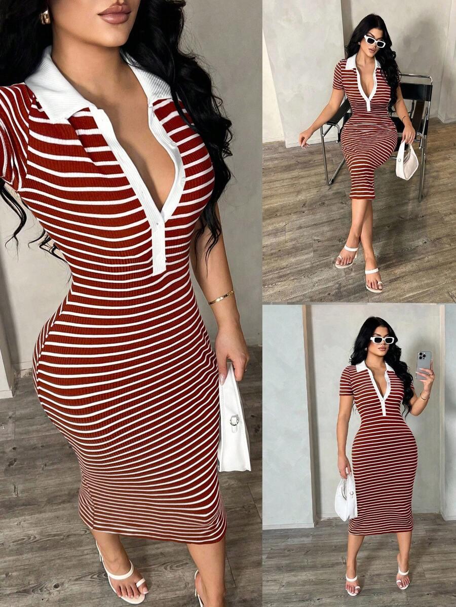 red and white striped ribbed polo midi dress