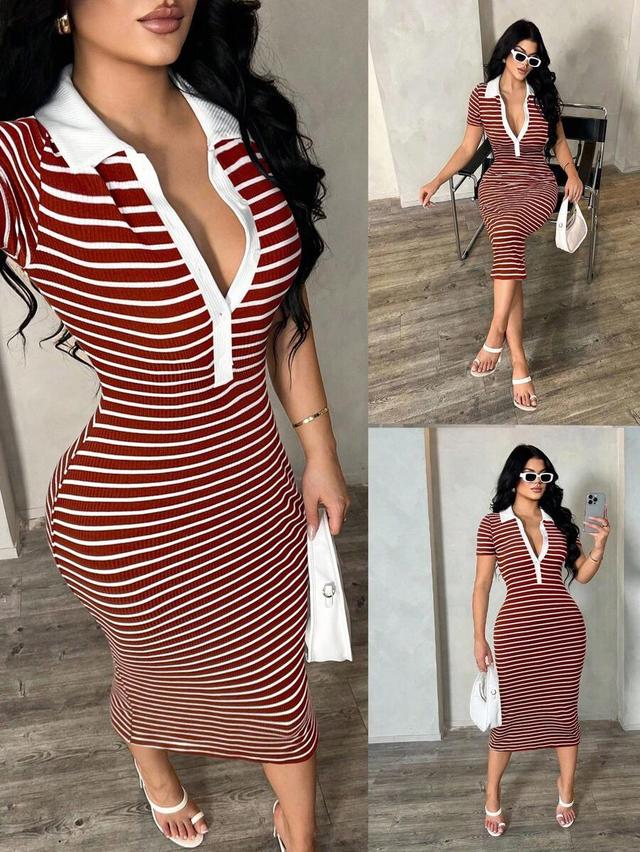 red and white striped ribbed polo midi dress