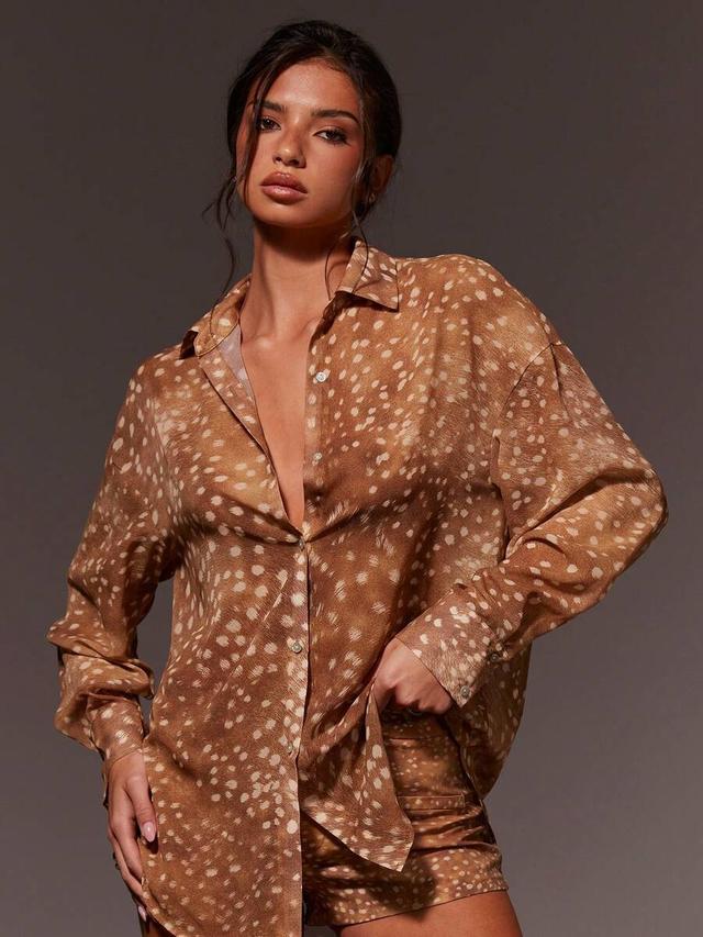 brown deer print loose-fitting long-sleeved shirt