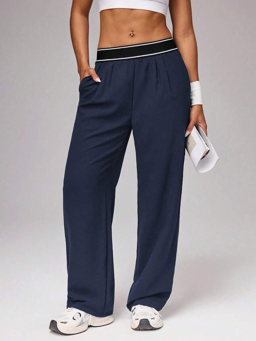 women's navy wide leg athletic sweatpants