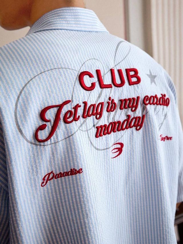 striped woven short sleeve shirt with back embroidery