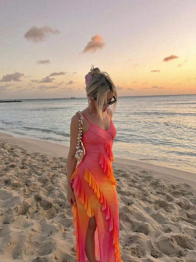 pink and orange ombre ruffle hem maxi slip dress