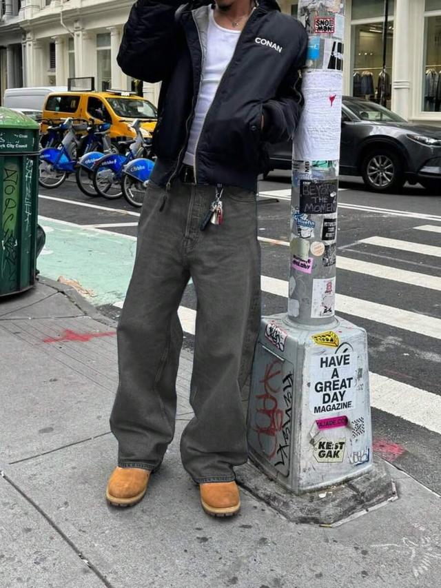 men's light blue washed denim loose fit straight leg pants