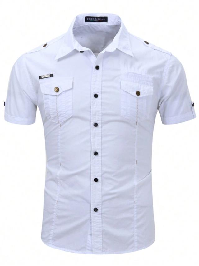 white cotton short sleeve button down utility shirt
