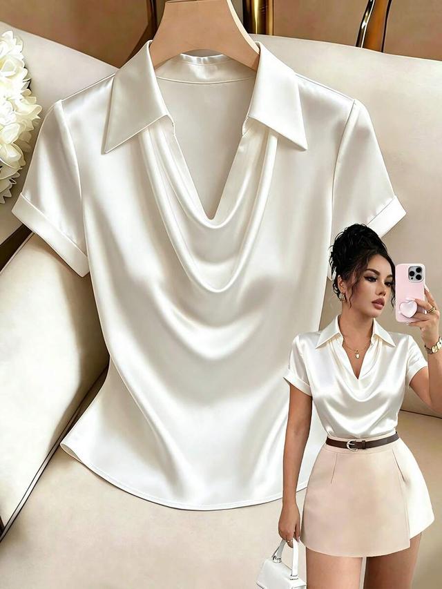 elegant off-white satin cowl neck short-sleeved blouse