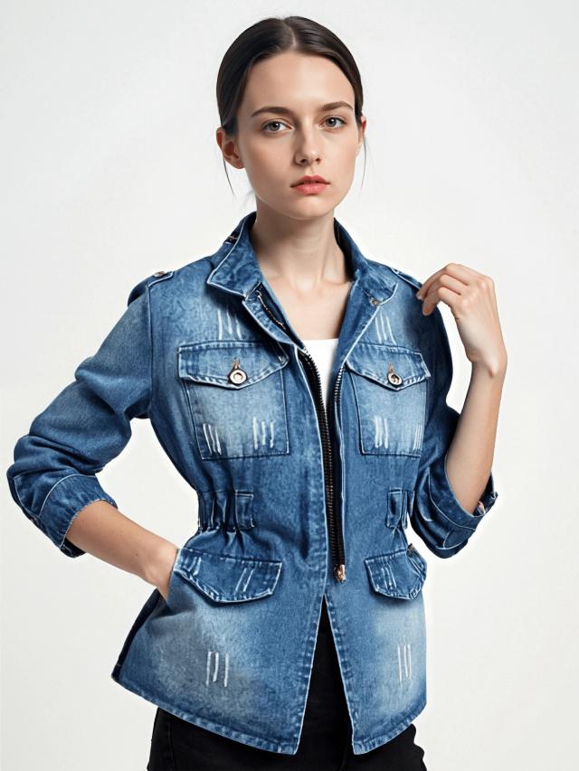 women retro washed denim utility blazer