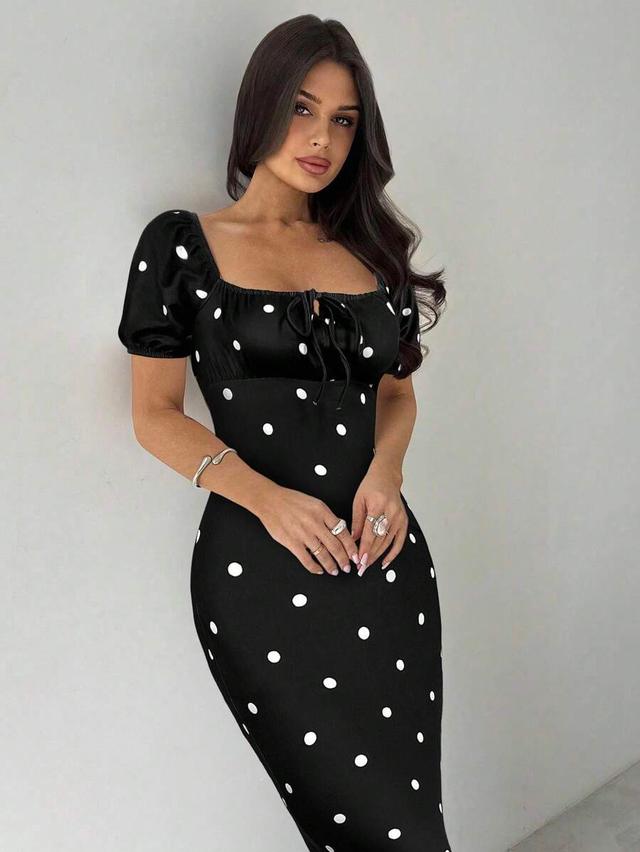 minimalist black polka dot ruched square neck dress