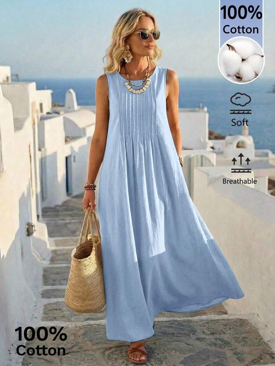 light blue cotton sleeveless pleated boho maxi dress