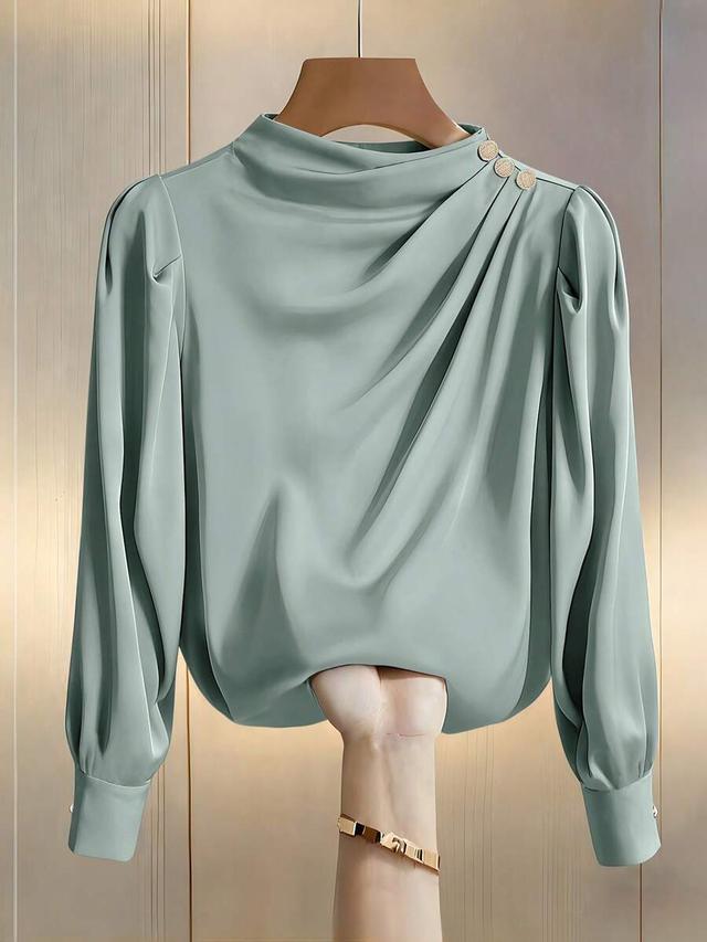 sage green pleated stand collar princess sleeve blouse