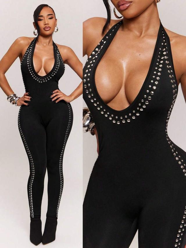 black halter neck jumpsuit with silver stud detailing