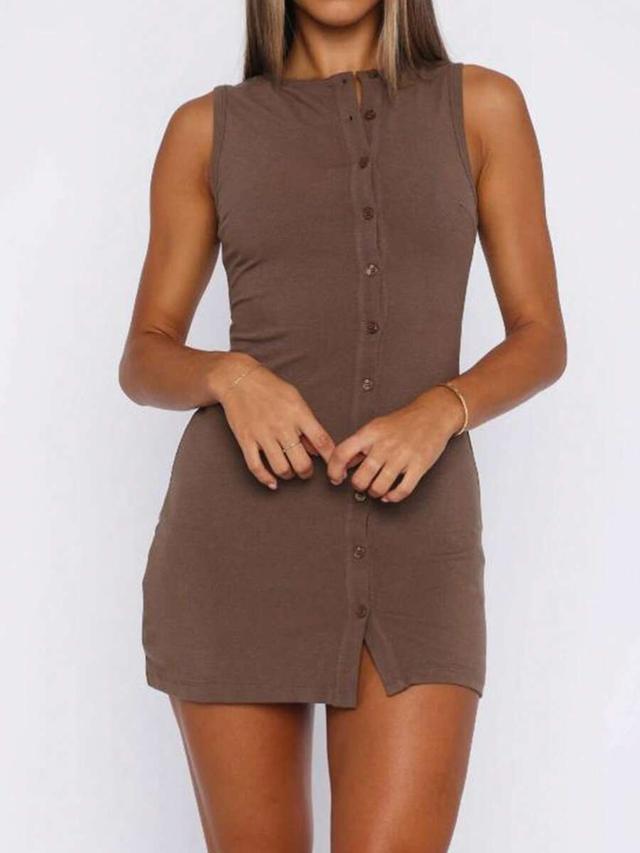 brown sleeveless button down mini bodycon dress