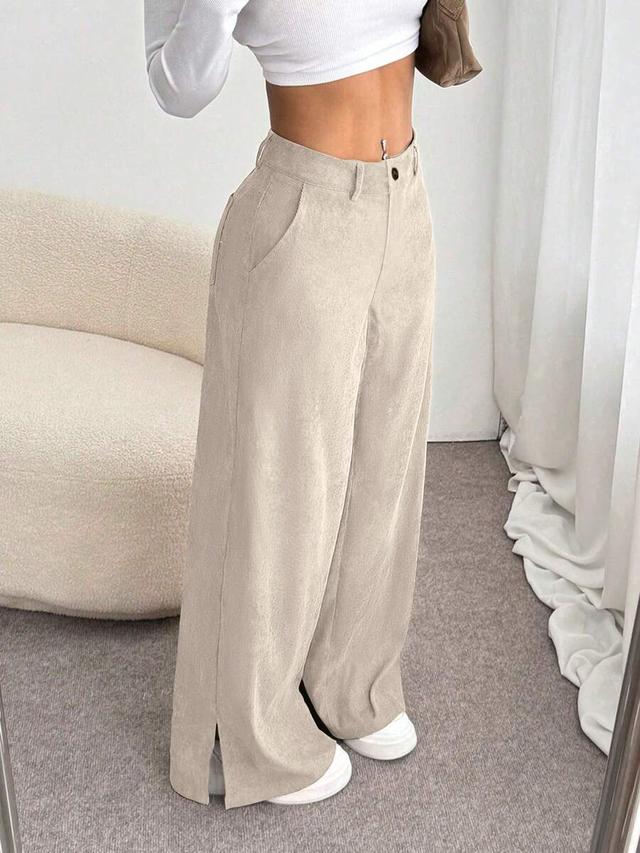 beige corduroy side slit loose straight leg pants