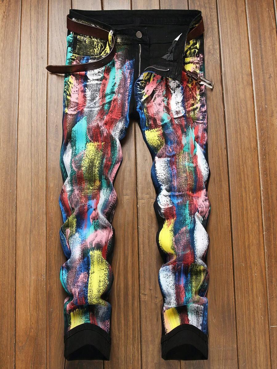 men's slim fit distressed painted stretch denim jeans