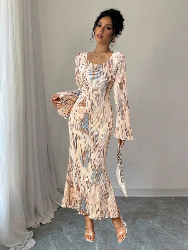 apricot tie-dye pleated satin mermaid midi dress