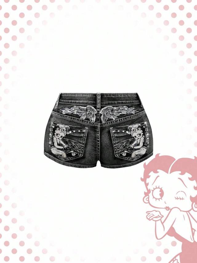 betty boop embroidered low waist denim shorts