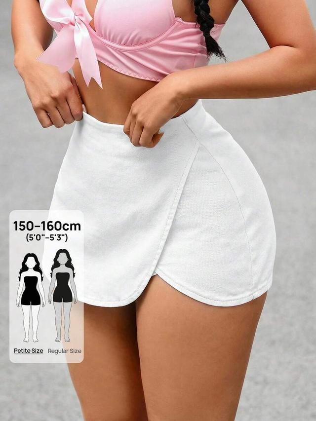 white high waist asymmetric hem denim skorts