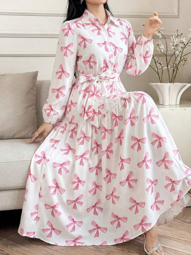 elegant pink bow print long sleeve shirt dress